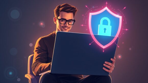 A dynamic illustration of a person confidently using a laptop with a vibrant, private data shield symbolizing enhanced data privacy protection through local AI tools --ar 16:9