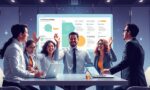 A dynamic illustration of an executive team engaging passionately with an AI-driven interface, showcasing simplified OKR generation and strategic alignment on digital boards and devices --ar 16:9