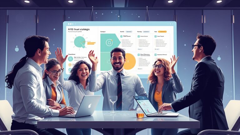 A dynamic illustration of an executive team engaging passionately with an AI-driven interface, showcasing simplified OKR generation and strategic alignment on digital boards and devices --ar 16:9