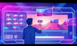 A dynamic illustration of a user interacting with a vibrant, futuristic AI video editing interface, with floating icons symbolizing video format transformation between horizontal and vertical --ar 16:9