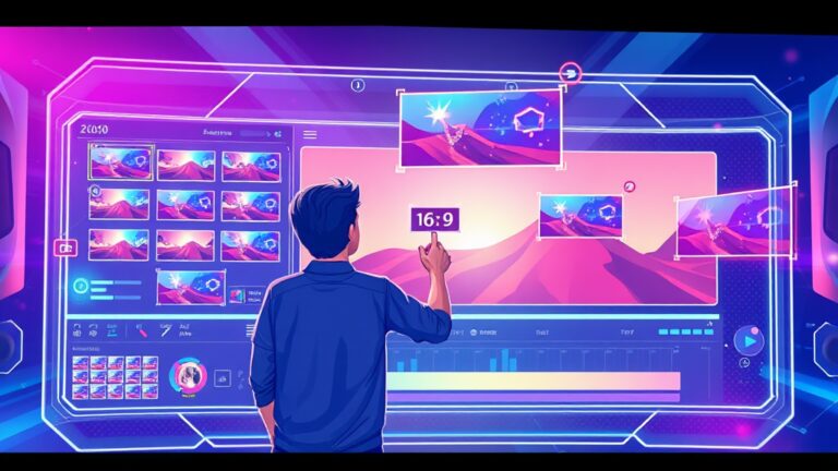 A dynamic illustration of a user interacting with a vibrant, futuristic AI video editing interface, with floating icons symbolizing video format transformation between horizontal and vertical --ar 16:9