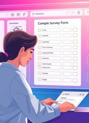 A dynamic illustration of a user seamlessly generating a complex survey form with the help of an AI assistant, showcasing the efficient workflow on a vibrant digital interface --ar 16:9