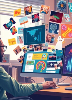 A dynamic illustration of a user working on their computer screen in a cluttered home office, with various colorful images and digital artwork emerging from the screen, symbolizing creative exploration through AI --ar 16:9