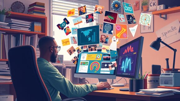 A dynamic illustration of a user working on their computer screen in a cluttered home office, with various colorful images and digital artwork emerging from the screen, symbolizing creative exploration through AI --ar 16:9