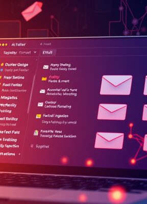 A dynamic illustration of an AI-driven email management interface, displaying categorized emails and automated labeling on the screen, with distinct folders for different types of mail --ar 16:9