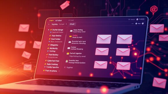 A dynamic illustration of an AI-driven email management interface, displaying categorized emails and automated labeling on the screen, with distinct folders for different types of mail --ar 16:9