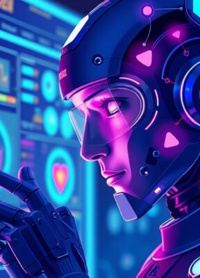 A dynamic illustration of a futuristic AI assistant analyzing a digital screen, with vibrant icons and data streams symbolizing insights and feedback --ar 16:9