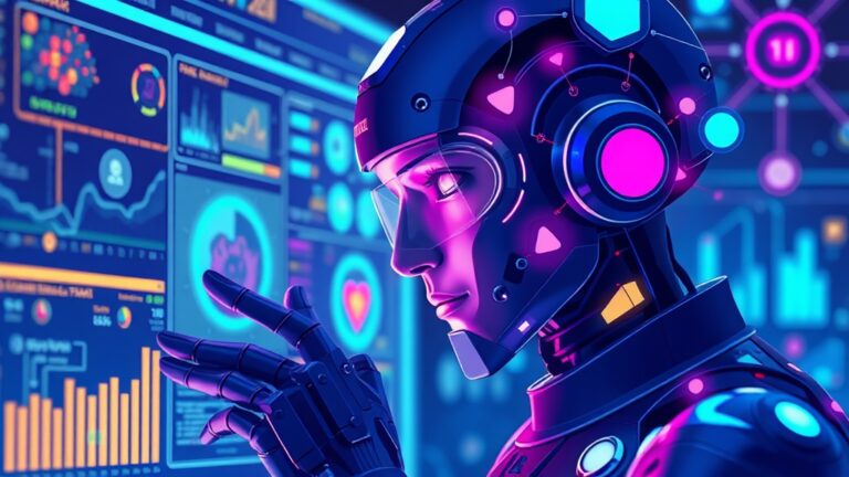 A dynamic illustration of a futuristic AI assistant analyzing a digital screen, with vibrant icons and data streams symbolizing insights and feedback --ar 16:9