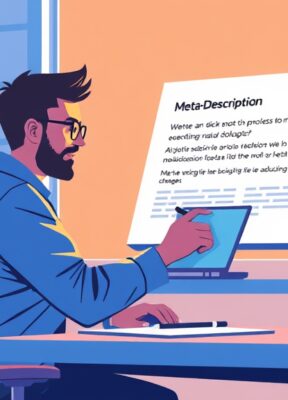 A dynamic illustration of a blogger at a desk, crafting a concise and captivating Meta-Description on a bright, modern interface, capturing the essence of SEO optimization --ar 16:9