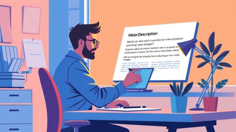 A dynamic illustration of a blogger at a desk, crafting a concise and captivating Meta-Description on a bright, modern interface, capturing the essence of SEO optimization --ar 16:9