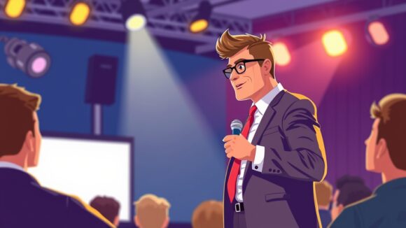 A dynamic illustration of a confident professional presenting a pitch to an engaged audience, with a spotlight emphasizing key points --ar 16:9