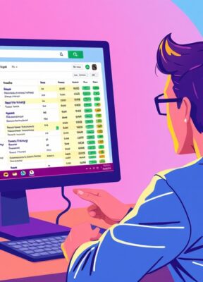 A dynamic illustration of a user interacting with a vibrant interface on their computer, displaying 50 structured search results from Google, depicted in a colorful spreadsheet format --ar 16:9