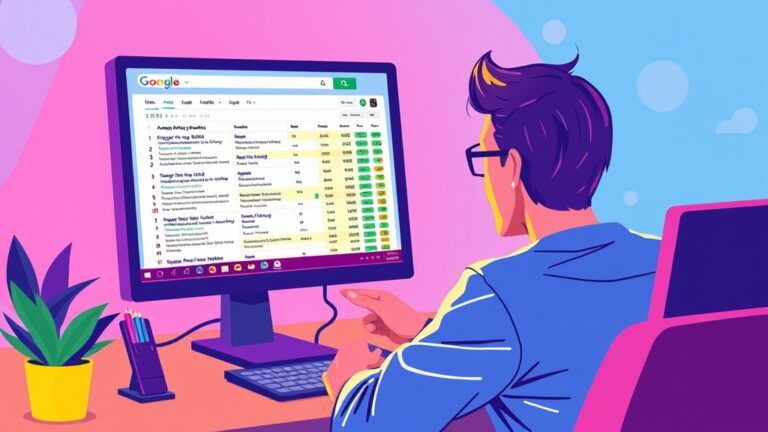 A dynamic illustration of a user interacting with a vibrant interface on their computer, displaying 50 structured search results from Google, depicted in a colorful spreadsheet format --ar 16:9