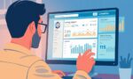 A dynamic illustration of a person analyzing LinkedIn data on a computer screen, with graphs and charts representing engagement and impression metrics --ar 16:9