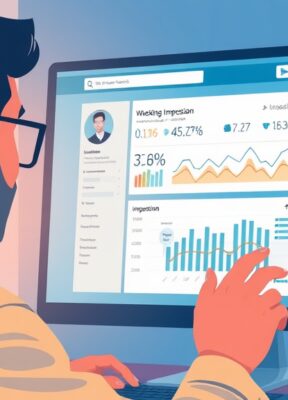 A dynamic illustration of a person analyzing LinkedIn data on a computer screen, with graphs and charts representing engagement and impression metrics --ar 16:9