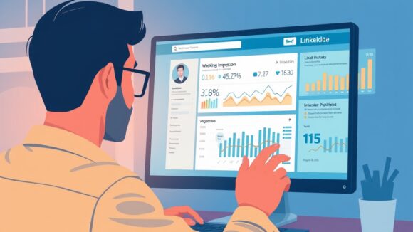 A dynamic illustration of a person analyzing LinkedIn data on a computer screen, with graphs and charts representing engagement and impression metrics --ar 16:9