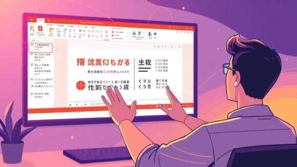 A dynamic illustration of a person engaging with a vibrant PowerPoint interface, showing a seamless language translation process of a Slide deck with highlighted format retention --ar 16:9