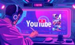 A dynamic illustration of a content creator designing a YouTube thumbnail on a futuristic interface, featuring AI-generated images and text elements with a clear 16:9 format, vibrant colors, and subtle vignettes framing the composition --ar 16:9