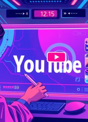 A dynamic illustration of a content creator designing a YouTube thumbnail on a futuristic interface, featuring AI-generated images and text elements with a clear 16:9 format, vibrant colors, and subtle vignettes framing the composition --ar 16:9