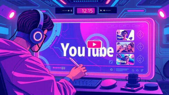 A dynamic illustration of a content creator designing a YouTube thumbnail on a futuristic interface, featuring AI-generated images and text elements with a clear 16:9 format, vibrant colors, and subtle vignettes framing the composition --ar 16:9