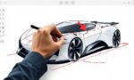 A dynamic illustration of a user interacting with an AI-powered image editor, drawing shapes and adding comments to specific areas of a futuristic car illustration, showcasing precise control over the editing process --ar 16:9