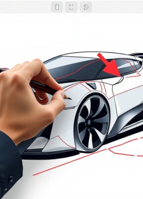 A dynamic illustration of a user interacting with an AI-powered image editor, drawing shapes and adding comments to specific areas of a futuristic car illustration, showcasing precise control over the editing process --ar 16:9