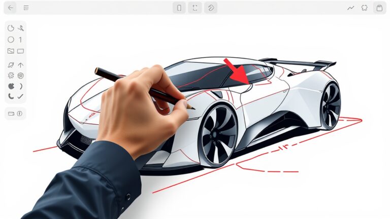 A dynamic illustration of a user interacting with an AI-powered image editor, drawing shapes and adding comments to specific areas of a futuristic car illustration, showcasing precise control over the editing process --ar 16:9