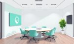 A dynamic illustration of a modern virtual meeting room with a uniquely branded wall on the left side in mint green, featuring a subtle embedded logo in concrete gray, highlighting personalized digital backgrounds --ar 16:9