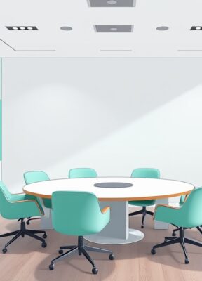 A dynamic illustration of a modern virtual meeting room with a uniquely branded wall on the left side in mint green, featuring a subtle embedded logo in concrete gray, highlighting personalized digital backgrounds --ar 16:9