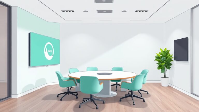 A dynamic illustration of a modern virtual meeting room with a uniquely branded wall on the left side in mint green, featuring a subtle embedded logo in concrete gray, highlighting personalized digital backgrounds --ar 16:9