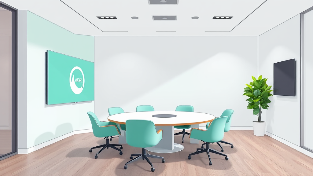 A dynamic illustration of a modern virtual meeting room with a uniquely branded wall on the left side in mint green, featuring a subtle embedded logo in concrete gray, highlighting personalized digital backgrounds --ar 16:9