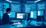 A dynamic illustration of a futuristic workspace with a user interacting with an AI assistant on multiple screens, collaboratively drafting legal documents with clear structure and highlighted clauses --ar 16:9