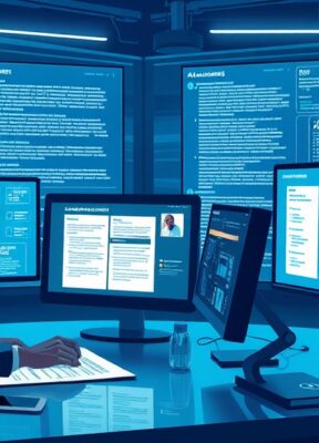 A dynamic illustration of a futuristic workspace with a user interacting with an AI assistant on multiple screens, collaboratively drafting legal documents with clear structure and highlighted clauses --ar 16:9