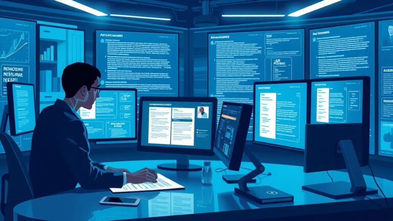 A dynamic illustration of a futuristic workspace with a user interacting with an AI assistant on multiple screens, collaboratively drafting legal documents with clear structure and highlighted clauses --ar 16:9