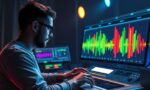 A dynamic illustration of a music producer interacting with a futuristic digital workstation displaying colorful MIDI tracks transforming into vocal waveforms, highlighting creative AI-driven melody to vocal conversion --ar 16:9