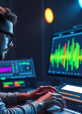 A dynamic illustration of a music producer interacting with a futuristic digital workstation displaying colorful MIDI tracks transforming into vocal waveforms, highlighting creative AI-driven melody to vocal conversion --ar 16:9