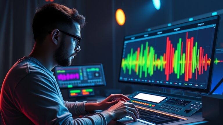A dynamic illustration of a music producer interacting with a futuristic digital workstation displaying colorful MIDI tracks transforming into vocal waveforms, highlighting creative AI-driven melody to vocal conversion --ar 16:9