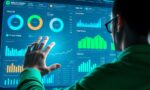 A dynamic illustration of a user interacting with a futuristic digital dashboard that visualizes product pricing strategies, including charts, graphs, and market data in vibrant blues and greens --ar 16:9