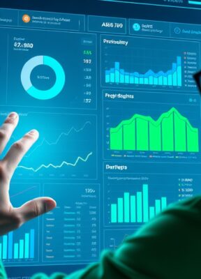 A dynamic illustration of a user interacting with a futuristic digital dashboard that visualizes product pricing strategies, including charts, graphs, and market data in vibrant blues and greens --ar 16:9
