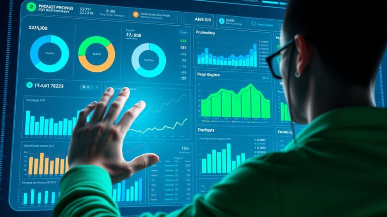 A dynamic illustration of a user interacting with a futuristic digital dashboard that visualizes product pricing strategies, including charts, graphs, and market data in vibrant blues and greens --ar 16:9