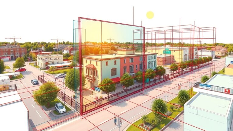 A dynamic illustration of a side-view photograph being transformed into a bird's-eye view through a layered digital interface showing sketch overlays and perspective grids in vibrant colors --ar 16:9