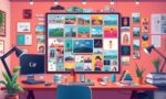 A dynamic illustration of a creative workspace displaying a vibrant digital moodboard filled with varied images, videos, and colorful design elements, reflecting the dynamic process of building visual inspiration --ar 16:9