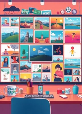 A dynamic illustration of a creative workspace displaying a vibrant digital moodboard filled with varied images, videos, and colorful design elements, reflecting the dynamic process of building visual inspiration --ar 16:9