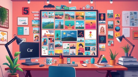 A dynamic illustration of a creative workspace displaying a vibrant digital moodboard filled with varied images, videos, and colorful design elements, reflecting the dynamic process of building visual inspiration --ar 16:9