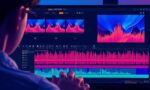 A dynamic illustration of a user editing a video timeline on a modern video editing software interface, focusing on separated audio and video tracks with vibrant waveforms --ar 16:9