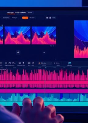 A dynamic illustration of a user editing a video timeline on a modern video editing software interface, focusing on separated audio and video tracks with vibrant waveforms --ar 16:9