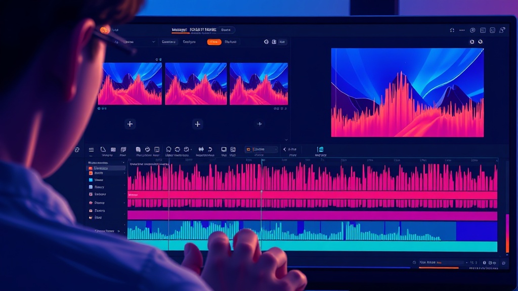 A dynamic illustration of a user editing a video timeline on a modern video editing software interface, focusing on separated audio and video tracks with vibrant waveforms --ar 16:9