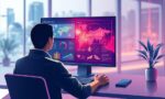 A dynamic illustration of a user interacting with a sleek AI-powered workspace, displaying a vibrant presentation interface filled with colorful charts and icons representing travel destinations on a digital screen --ar 16:9