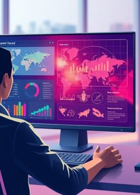 A dynamic illustration of a user interacting with a sleek AI-powered workspace, displaying a vibrant presentation interface filled with colorful charts and icons representing travel destinations on a digital screen --ar 16:9