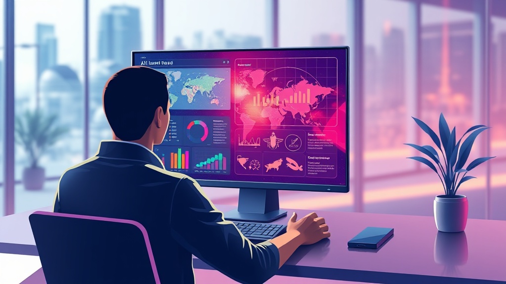 A dynamic illustration of a user interacting with a sleek AI-powered workspace, displaying a vibrant presentation interface filled with colorful charts and icons representing travel destinations on a digital screen --ar 16:9
